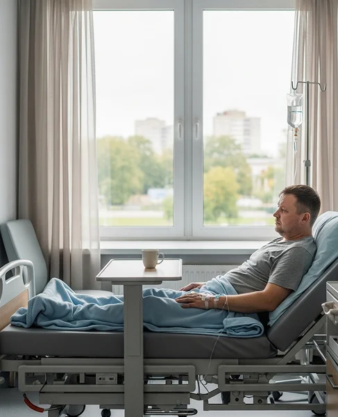 Мужчина лежит на медицнской кушетке под капельницей