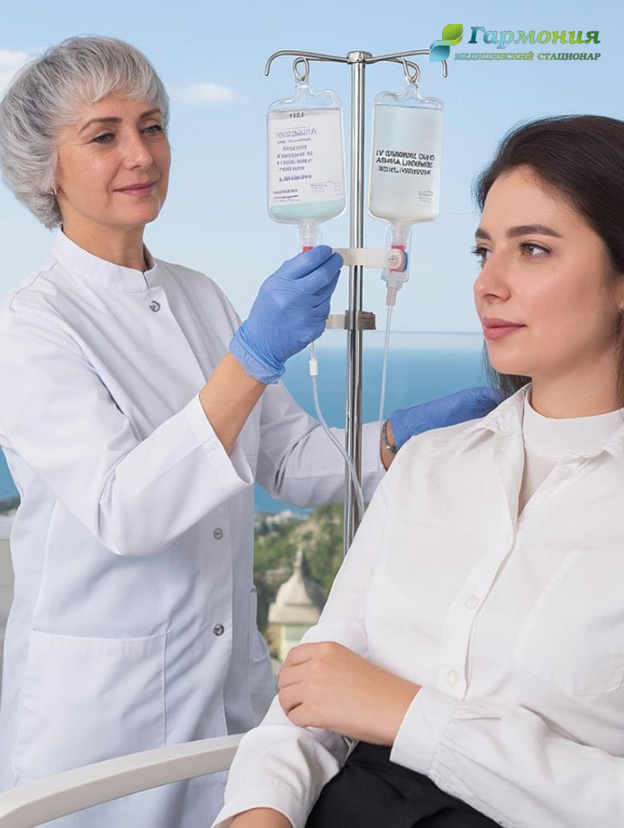 Врач и пациент с капельницей на фоне берега Талдыкоргана