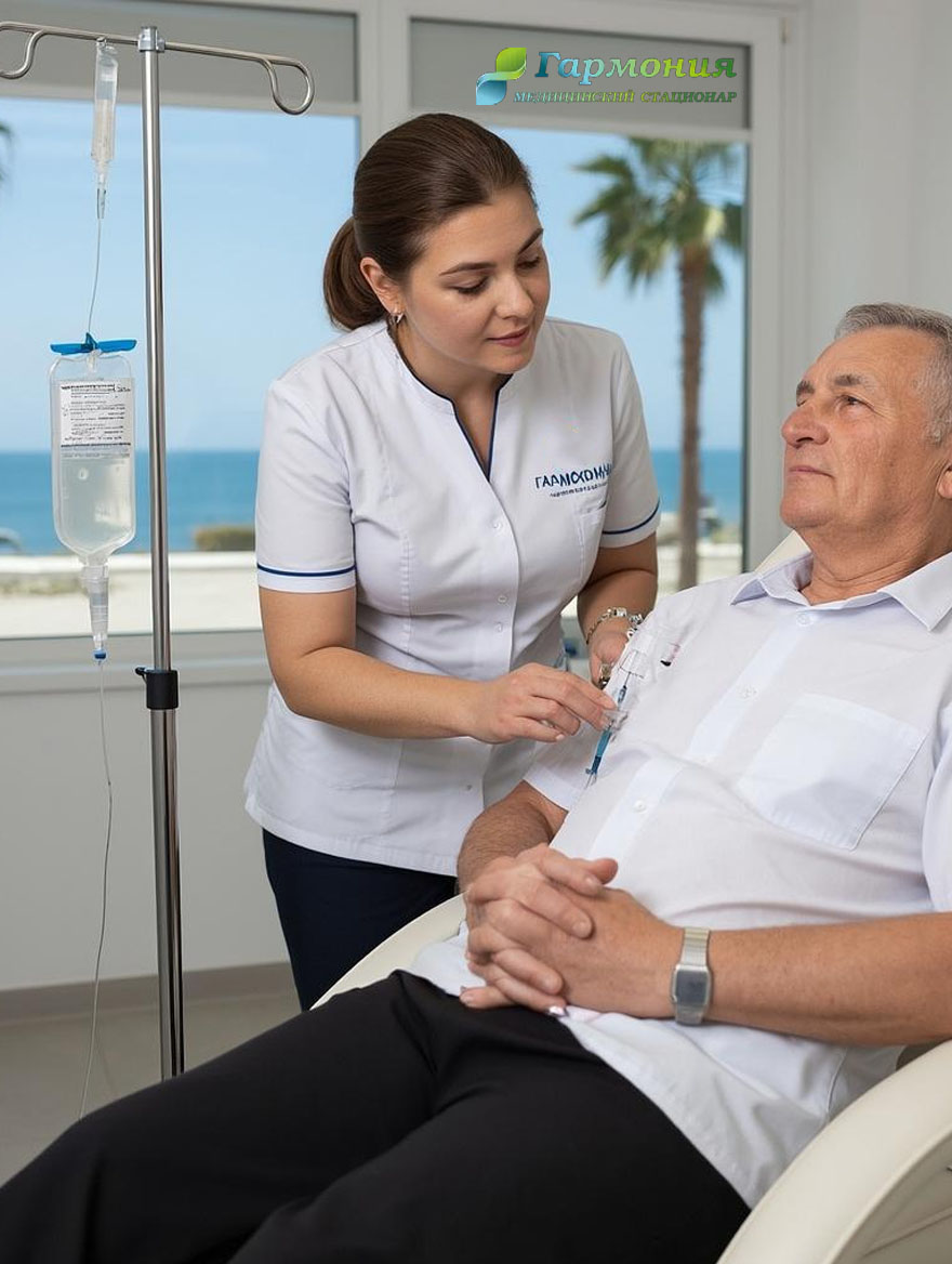 Врач и пациент с капельницей на фоне берега Талдыкоргана